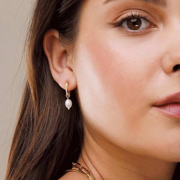 PRTGL Pearl Earring Trendy 14K Gold Dainty Elegant Pearl Hook Earrings for Women - Picture 3 of 8